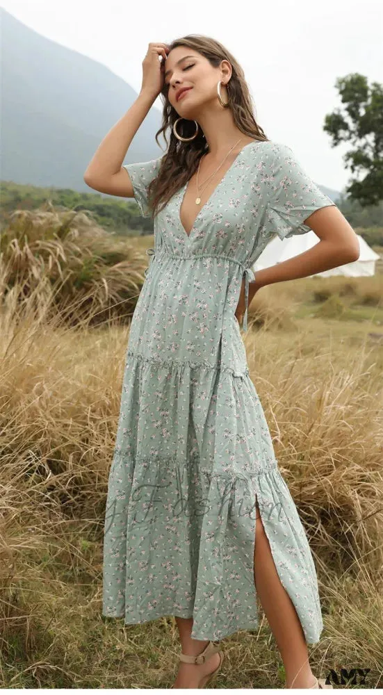 Amy Fashion - Floral Printed Boho Style Deep V-neck Dress