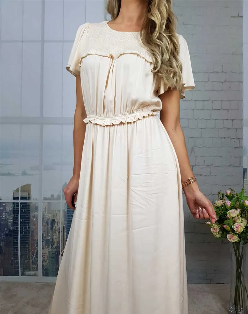 Boho Midi Dress, Ruffle Grace in Ivory
