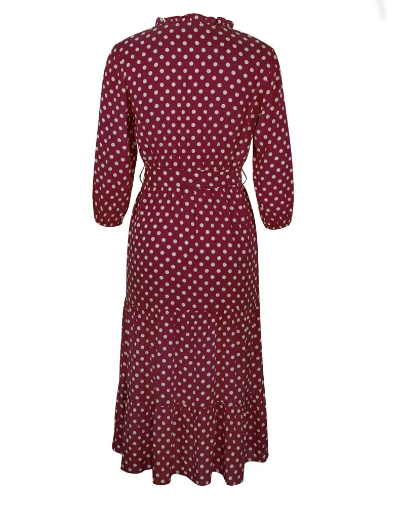 Boho Midi Dress, Ruffle Polka Dot in Red