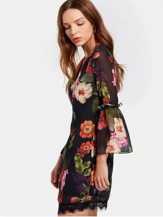 TastyHottie - Print V Neck Flare Sleeve Flower Shift Dress