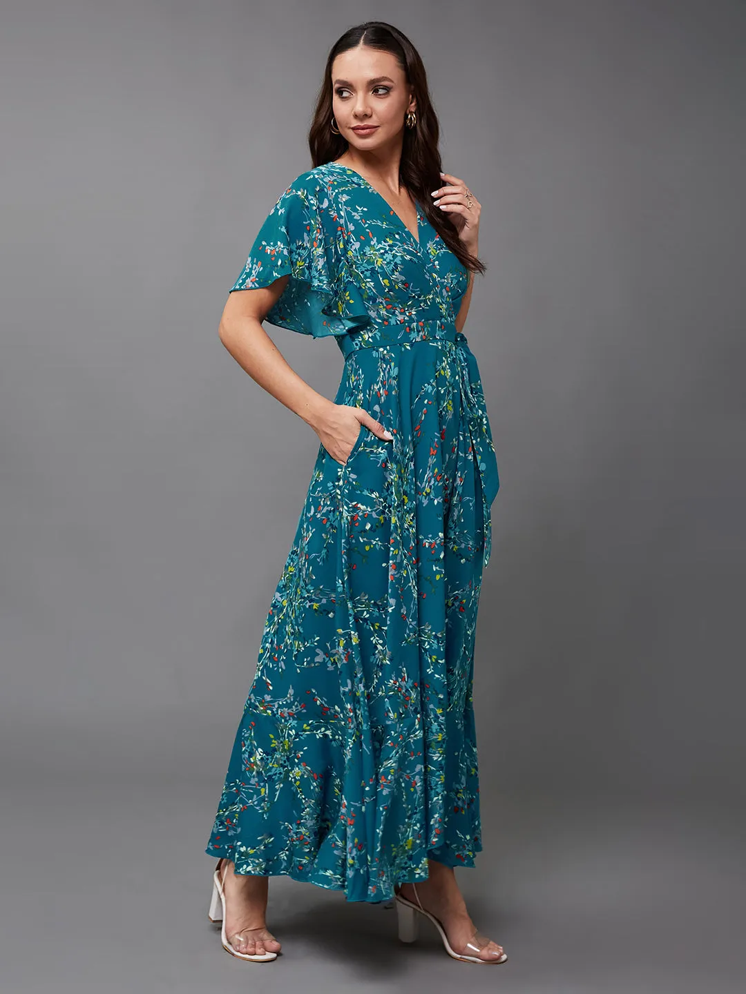 Women's Multicolored-Base-Turquoise V-Neck Half Sleeve Floral Wrap Crepe Maxi Dress
